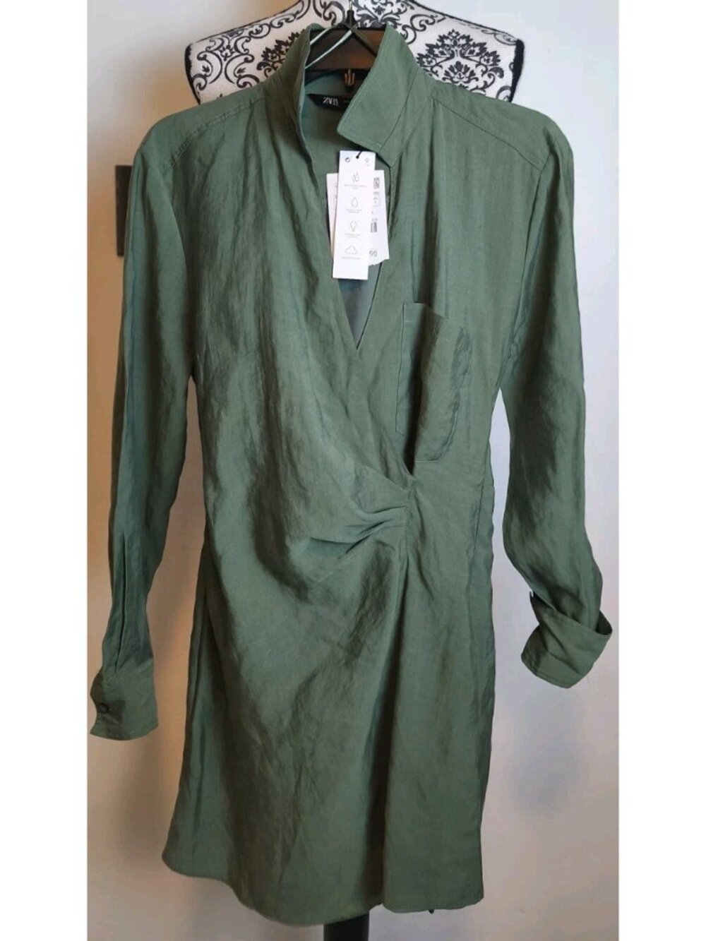 Zara Olive Green Lyocell Shirt Dress Ruched Waist Long Sleeve Mini NWT Size S